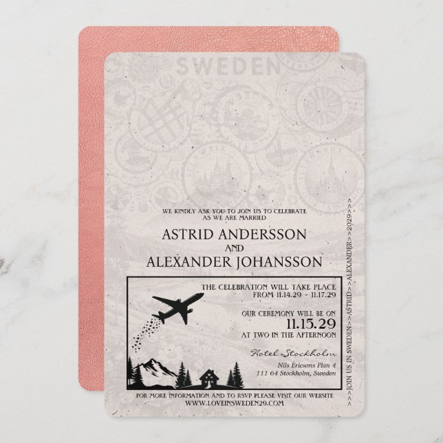 Faire-part de mariage de passeport rose Gold Suède (Devant / Derrière)