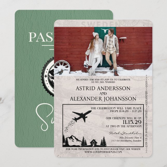 Faire-part de mariage de passeport Sage Green Suèd (Devant / Derrière)