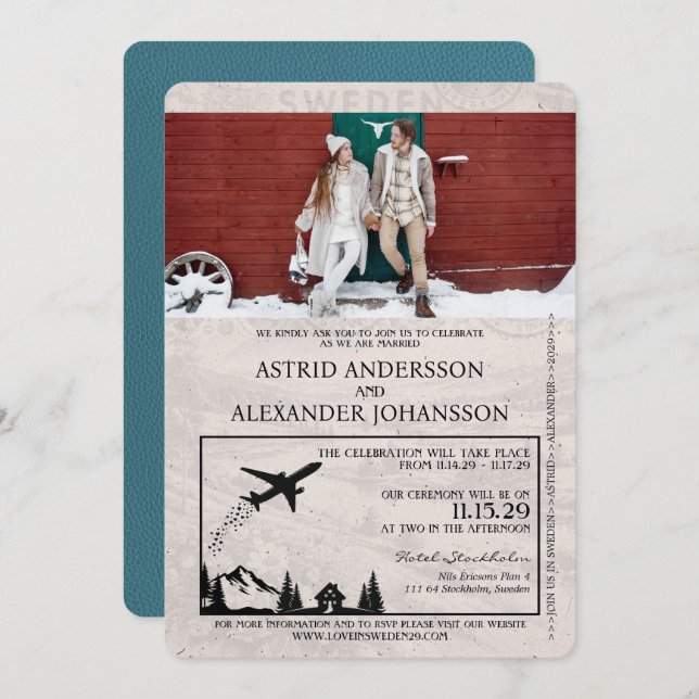 Faire-part de mariage de passeport Suède turquoise (Devant / Derrière)