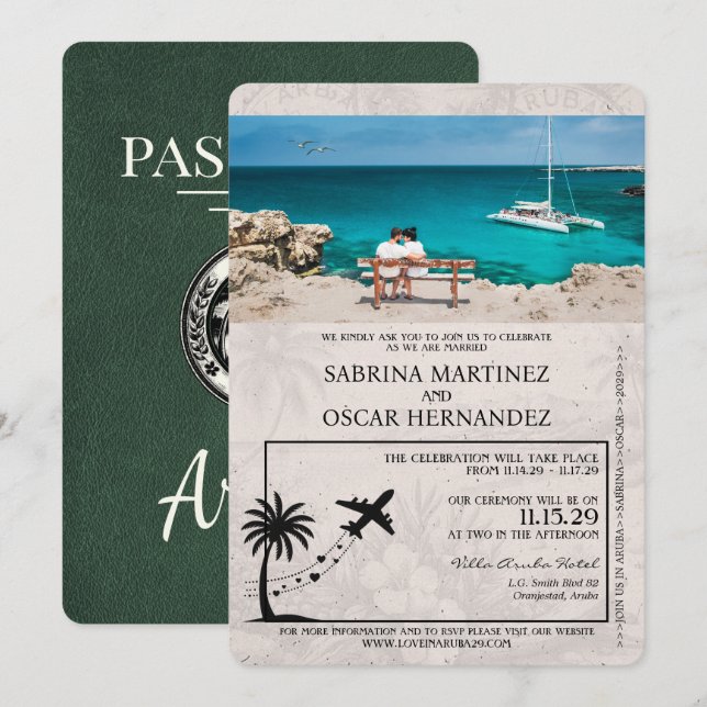 Faire-part de mariage de passeport vert Aruba (Devant / Derrière)