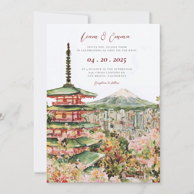 Faire-part de mariage de paysage japonais à l'aqua (Devant)