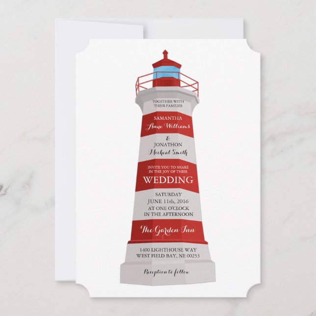 Faire-part de mariage de phare rouge et blanc (Devant)