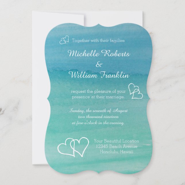 Faire-part de mariage de plage aquarelle bleu aqua (Devant)