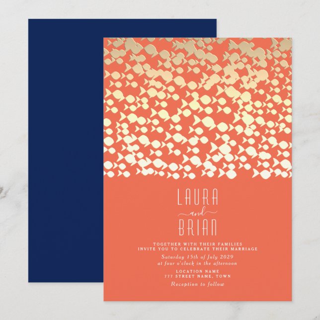 Faire-part de mariage de plage en or et bleu marin (Devant / Derrière)