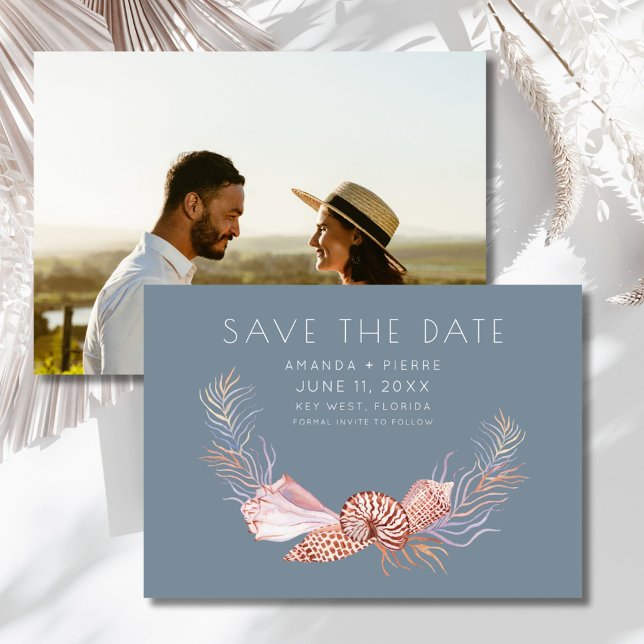 Faire-part de mariage de plage photo coquillage él (Elegant Seashell Photo Beach Wedding Save the Date)