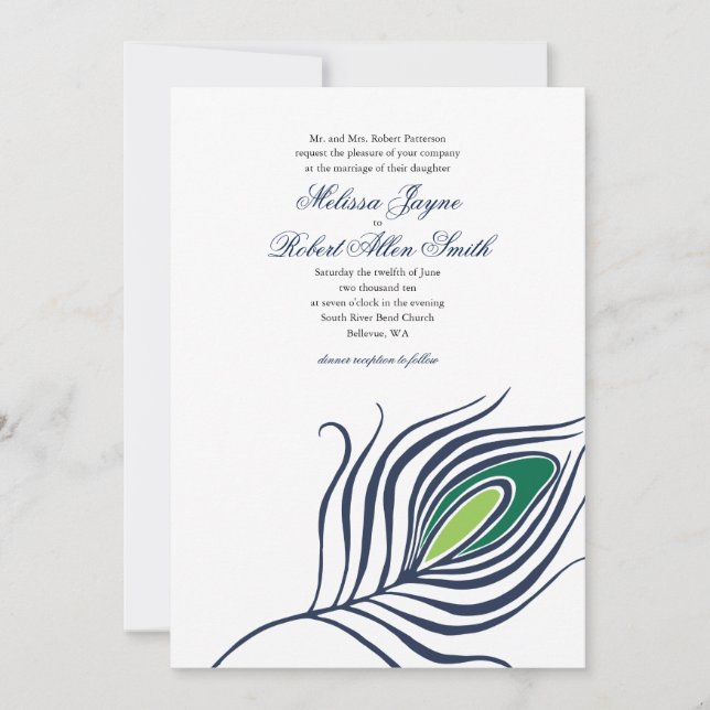 Faire-part de mariage de plume de paon (Devant)