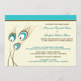 Faire-part de mariage de plumes de paon (aqua)