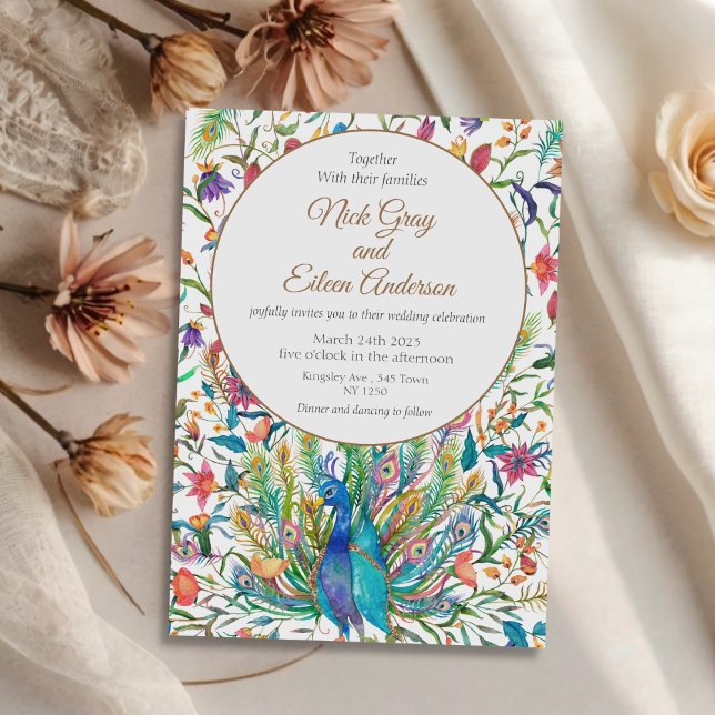 Faire-part de mariage de plumes et de paon à fleur (Floral Peacock Feather Wedding Invite)