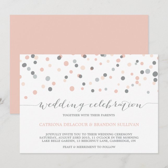 Faire-part de mariage de points Confetti gris et b (Devant / Derrière)