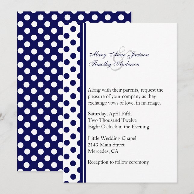 Faire-part de mariage de points Polka bleu et blan (Devant / Derrière)