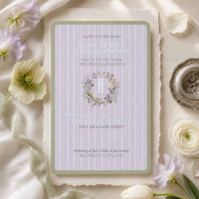 Faire-part de mariage de printemps à rayures lavan (Lavender Stripe Floral Crest Spring Wedding Foil Invitation)
