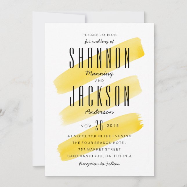 Faire-part de mariage de rayures d'aquarelle jaune (Devant)