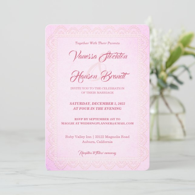 Faire-part de mariage de Rose de bordure dentelle (Debout devant)