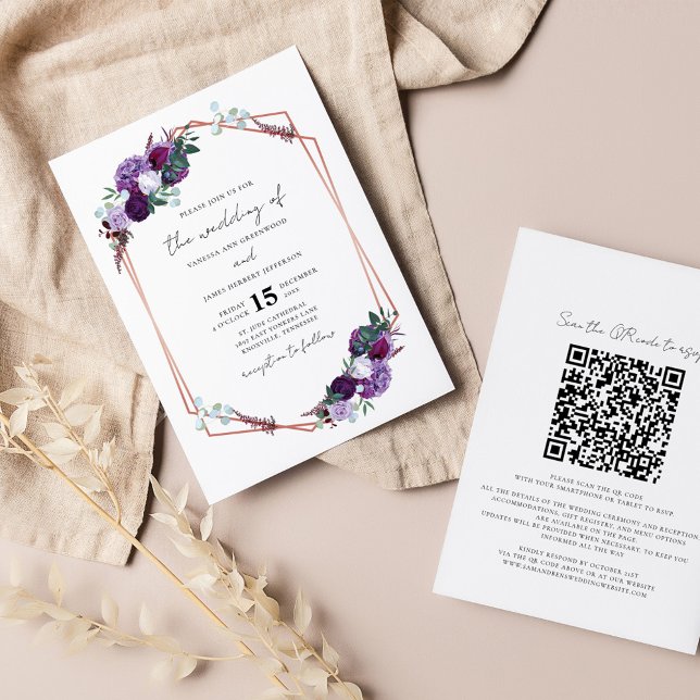 Faire-part de mariage de script de code QR floral  (Purple Floral Wedding All in One QR Code Invitation)