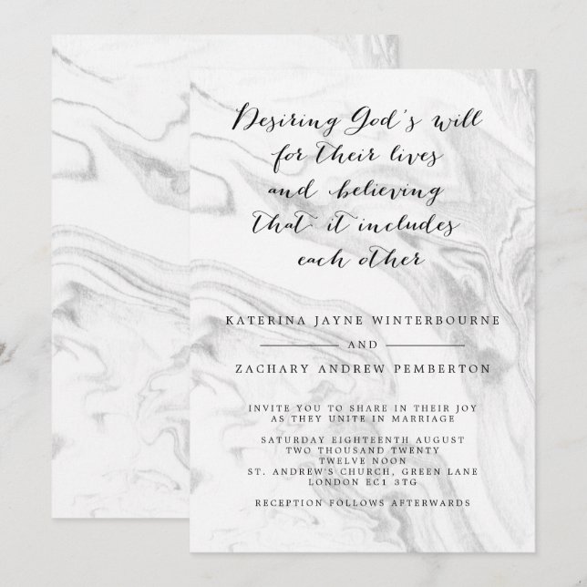 Faire-part de mariage de script élégant en marbre  (Devant / Derrière)
