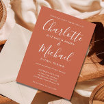 Faire-part de mariage de script minimaliste en ter<br><div class="desc">Avec des noms de style signature,  cette élégante invitation de mariage peut être personnalisée avec vos informations en lettres blanches chic sur un arrière - plan en terre cuite. Vous pouvez customiser la couleur arrière - plan pour correspondre à votre thème mariage. Conçu par Thisisnotme©</div>