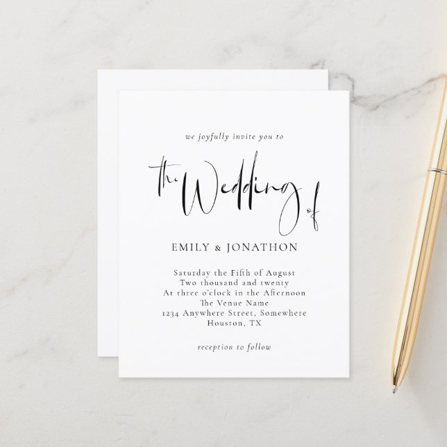 Faire-part de mariage de script monochrome budget (Devant/Arrière en situation)