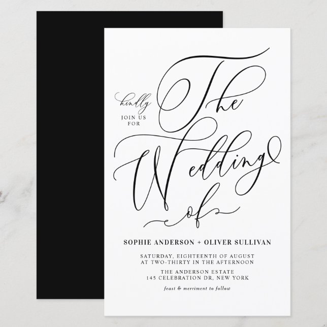 Faire-part de mariage de script noir Whimsical (Devant / Derrière)