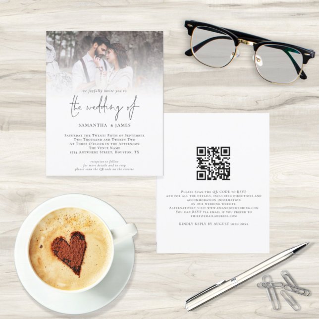 Faire-part de mariage de script photo de code QR d (Front and back view. Smaller size budget price alternative.)