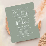 Faire-part de mariage de script vert de la taille<br><div class="desc">Doté de noms de style signature,  cet élégant faire-part de mariage vert sauge budget peut être personnalisé avec vos informations en lettres chic. Conçu par Thisisnotme©</div>