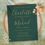 Faire-part de mariage De Script Vert Et Or Budget<br><div class="desc">Doté de noms de style signature,  cet élégant faire-part de mariage vert émeraude et or budget peut être personnalisé avec vos informations en lettrage chic. Conçu par Thisisnotme©</div>