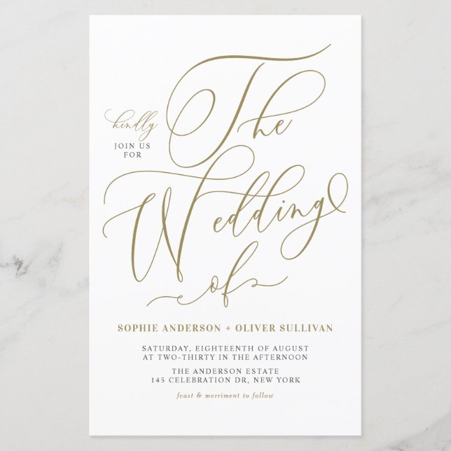 Faire-part de mariage de script Whimsical Gold (Devant)