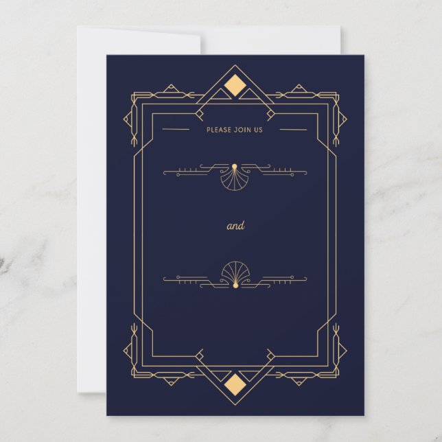 Faire-part de mariage de style Art Déco bleu foncé (Devant)