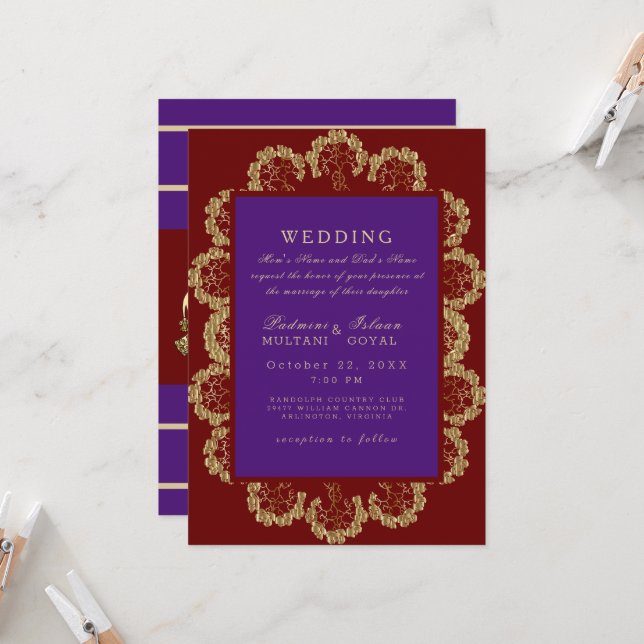 Faire-part de mariage de style indien violet profo (Devant/Arrière en situation)