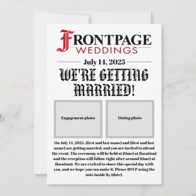 Faire-part de mariage de style journal (Devant)