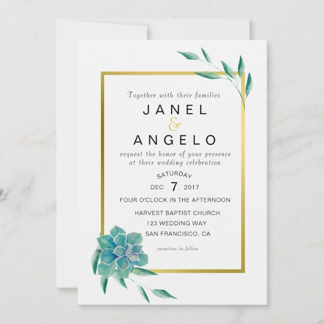 Faire-part de mariage de succulent botanique d'or (Devant)