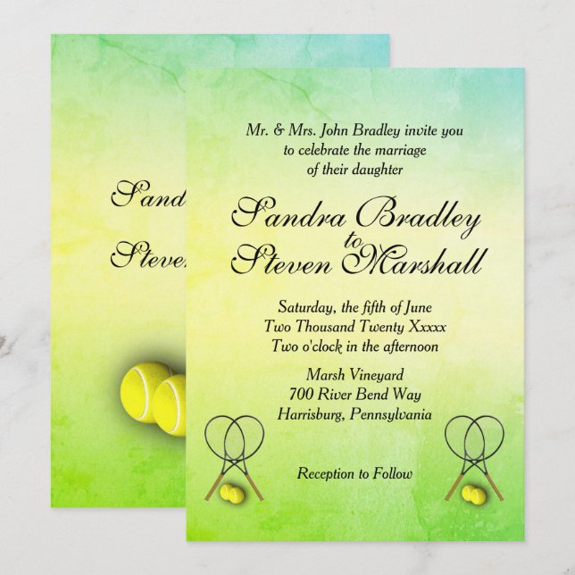 Faire-part de mariage de tennis texturé vert à jau (Devant / Derrière)