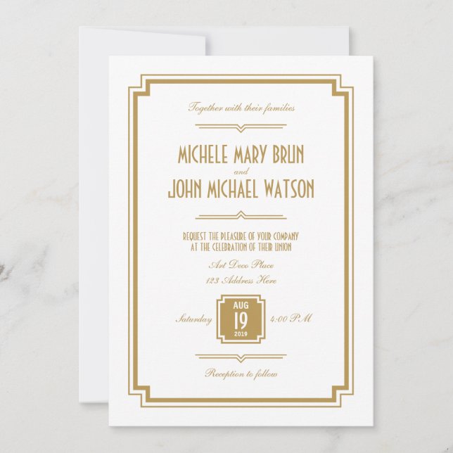 Faire-part de mariage de texte Art déco Gold White (Devant)