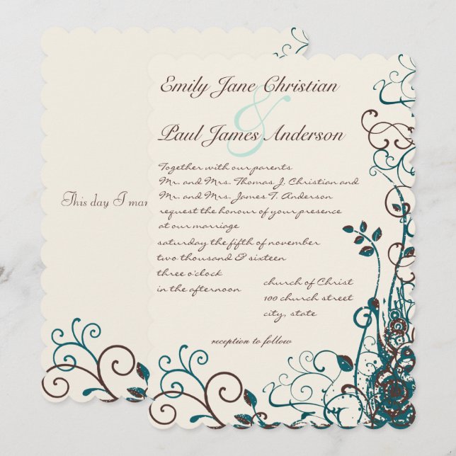 Faire-part de mariage de tourbillons Turquoises et (Devant / Derrière)