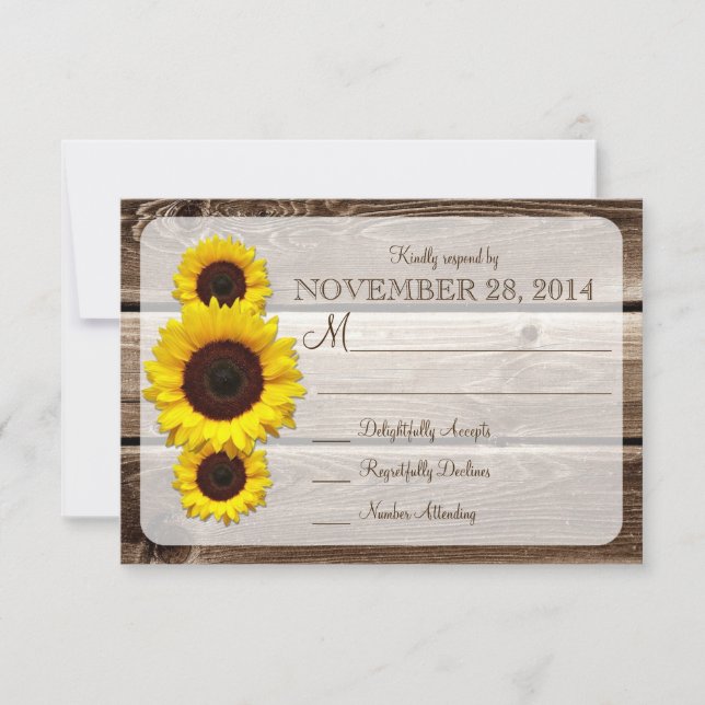 Faire-part de mariage de tournesol en bois rustiqu (Devant)