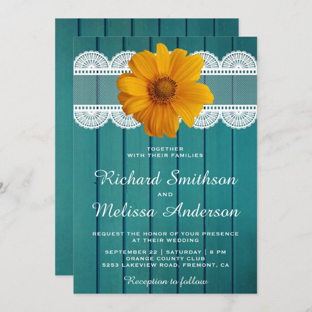 Faire-part de mariage de tournesol en dentelle de  (Devant / Derrière)