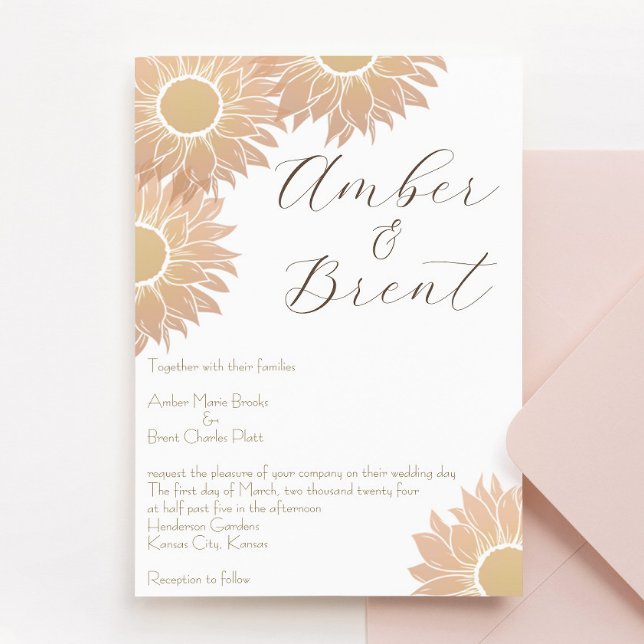 Faire-part de mariage de tournesol moderne et simp (sunflower peach pink and yellow wedding invitation, perfect for spring or summer weddings!)