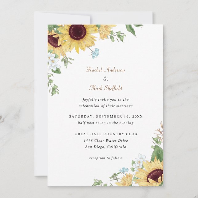 Faire-part de mariage de tournesol rustique (Devant)
