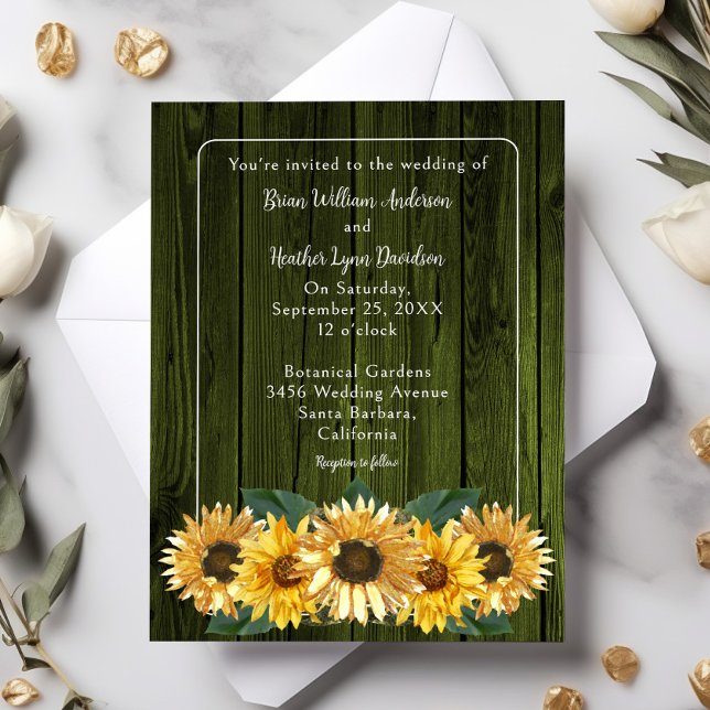 Faire-part de mariage de tournesol vert rustique (Green Rustic Sunflower Wedding Invitation)