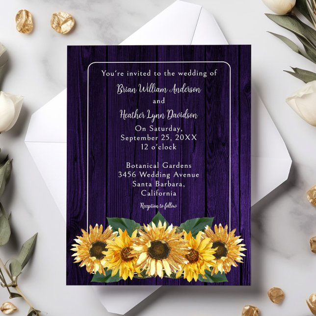 Faire-part de mariage de tournesol violet rustique (Purple Rustic Sunflower Wedding Invitation)