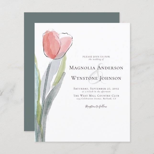 Faire-part de mariage de tulipe d'aquarelle budgét (Devant / Derrière)
