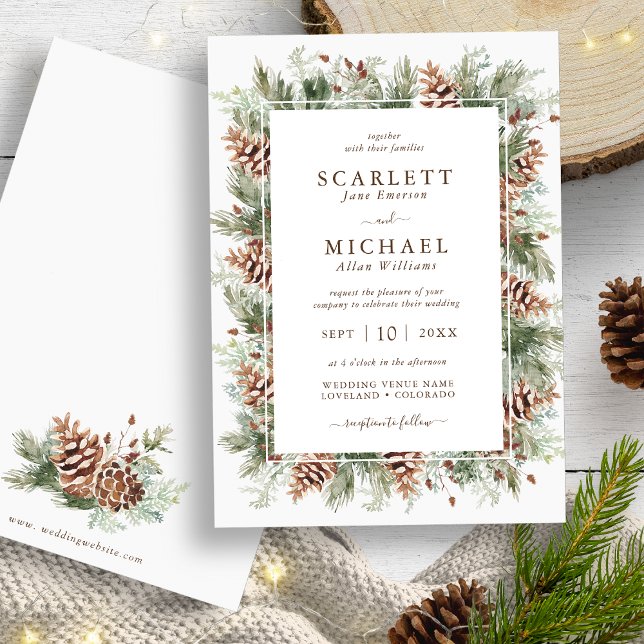Faire-part de mariage de vacances de verdure d'hiv (Winter Mountain Pine Greenery Holiday Wedding Invitation by Painted Paperie
)