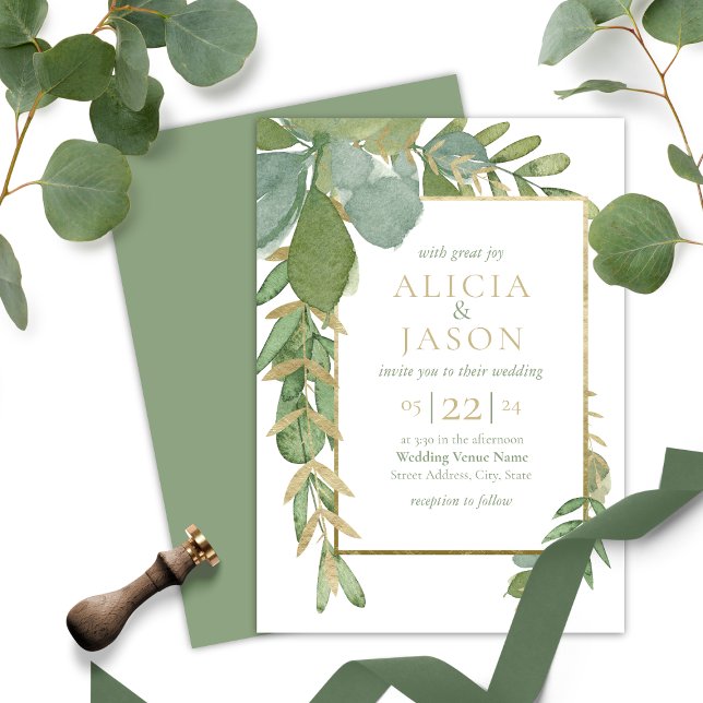 Faire-part de mariage de verdure dorée (Golden Greenery Wedding Invitation. Please  contact me if you need assistance with this design.)