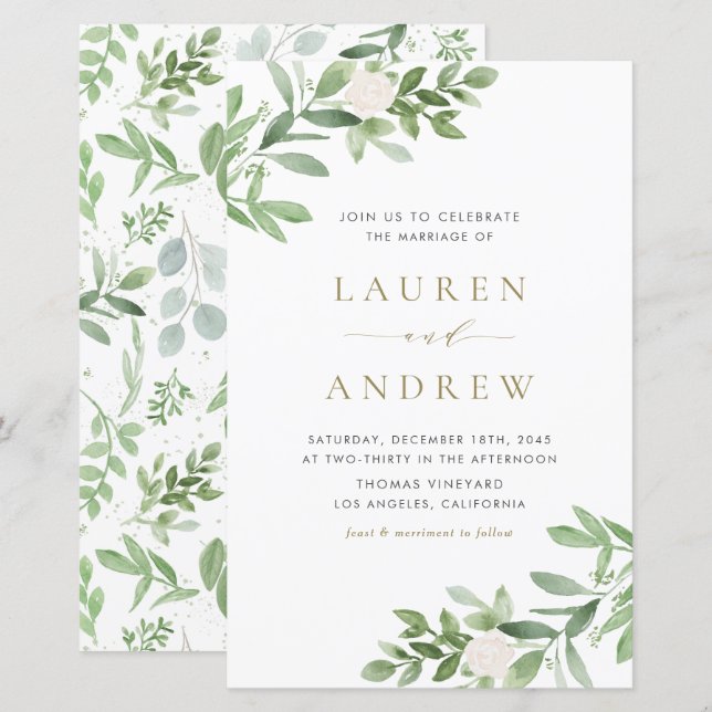 Faire-part de mariage de verdure et de fleurs blan (Devant / Derrière)