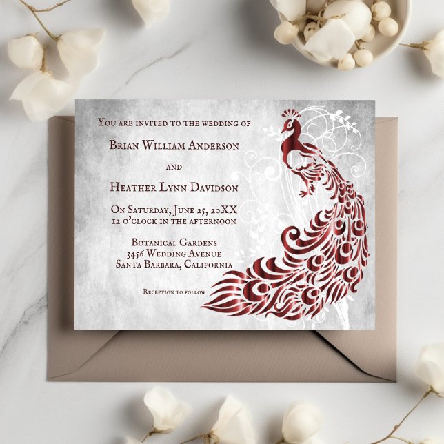 Faire-part de mariage de vigne à feuilles de paon  (Red Peacock Leaf Vine Wedding Invitation)