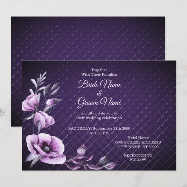 Faire-part de mariage décoratif floral violet (Devant / Derrière)