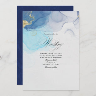 Faire-part de mariage d'encre d'alcool bleu et or