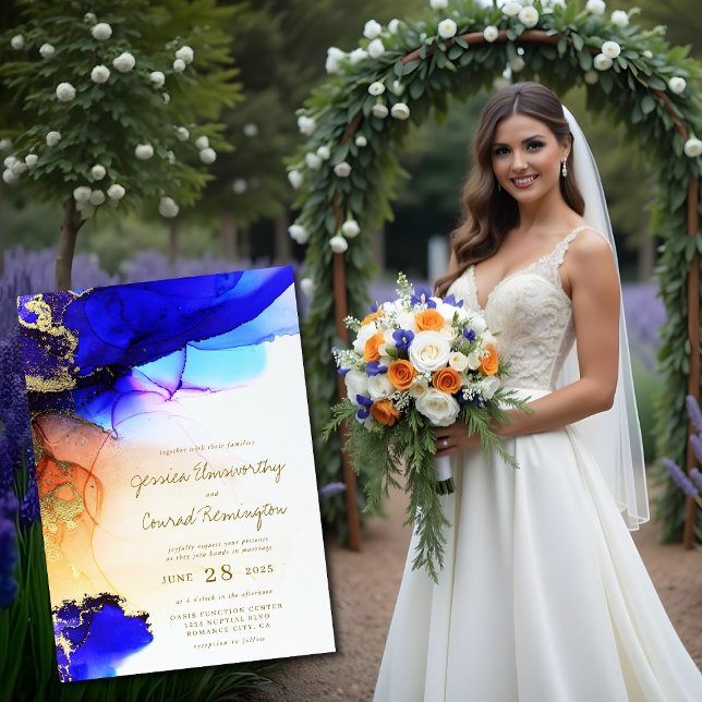 Faire-part de mariage d'encre d'alcool bleu or (Blue Gold Alcohol Ink Wedding Invitation. Model is AI Gen. )