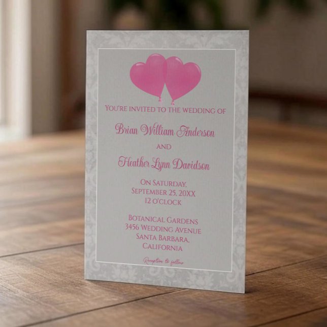 Faire-part de mariage des ballons de coeur rose (Pink Heart Balloons Wedding Invitation)
