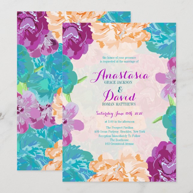 Faire-part de mariage des fleurs de paon (Devant / Derrière)