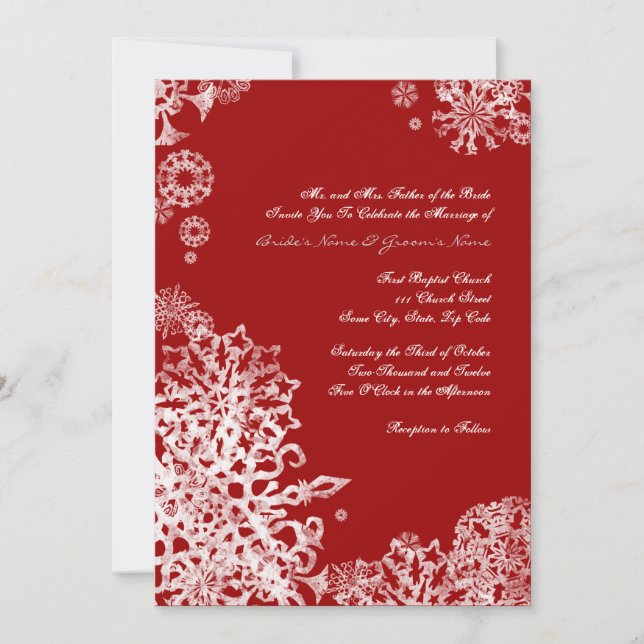 Faire-part de mariage des flocons blancs et rouges (Devant)